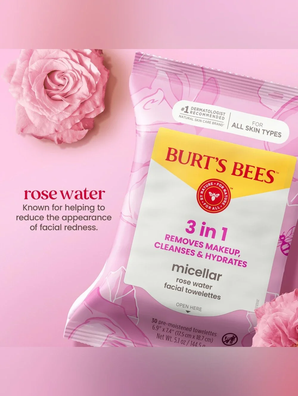 🍒 5/$20 Burt's Bees 3in1 Makeup Remover Wipes Micellar Rose Water 30ct Natural